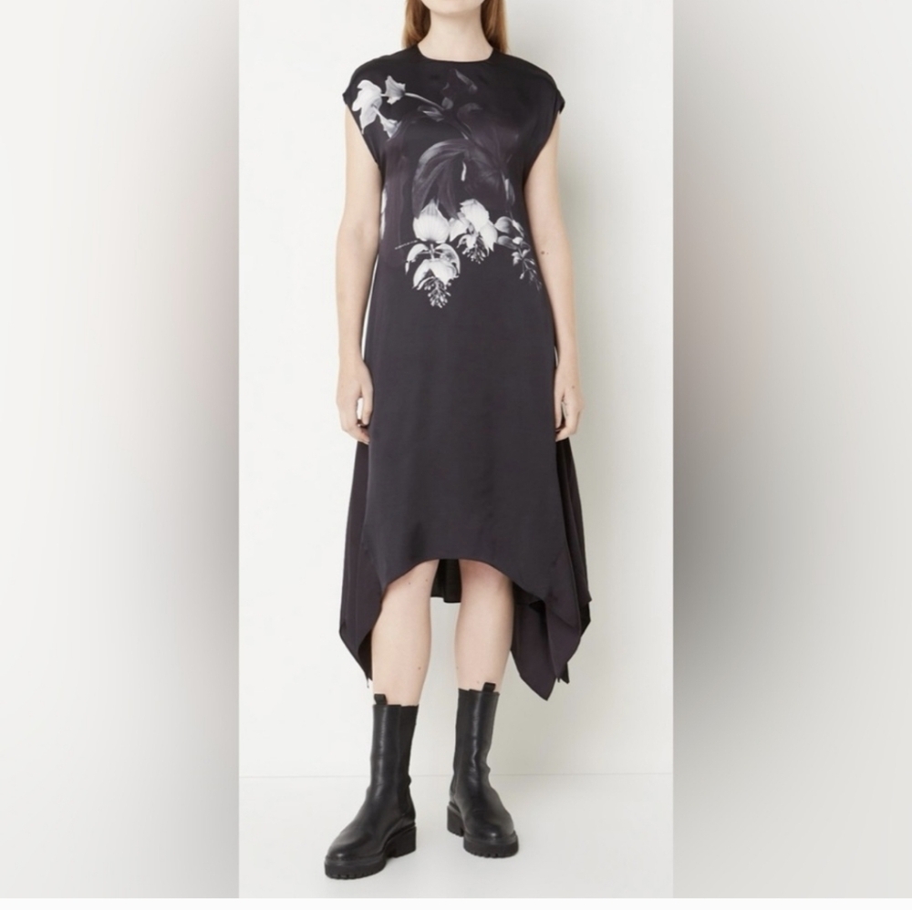 All Saints Black Asymmetrical Floral Midi Dress - Picture 4 of 11